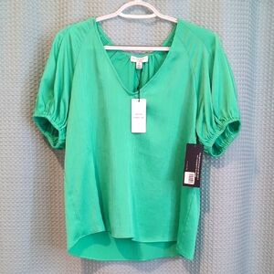 NWT SZ XS Current Air Green Puff Sleeve V Neck Blouse